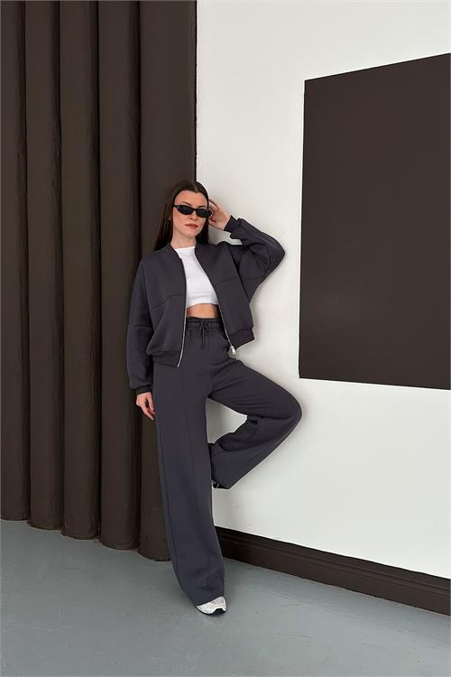 Dipmoda kadın antrasit fermuarlı 3 iplik eşofman takımı DPESF01