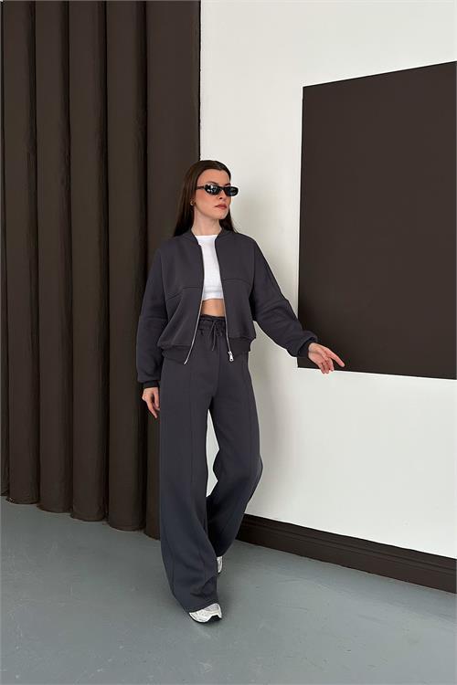 Dipmoda kadın antrasit fermuarlı 3 iplik eşofman takımı DPESF01