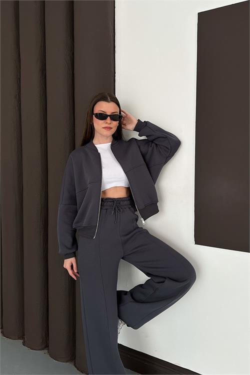 Dipmoda kadın antrasit fermuarlı 3 iplik eşofman takımı DPESF01