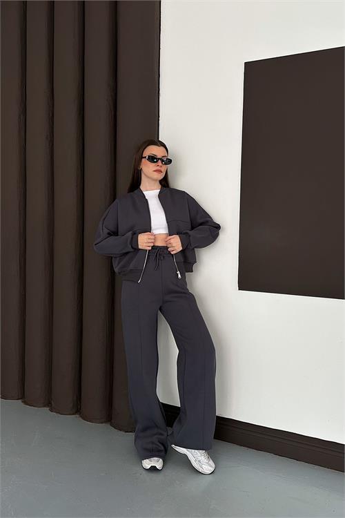 Dipmoda kadın antrasit fermuarlı 3 iplik eşofman takımı DPESF01