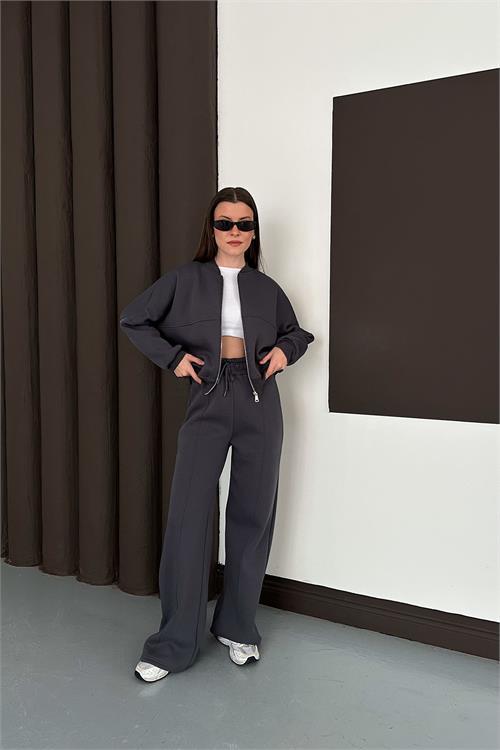 Dipmoda kadın antrasit fermuarlı 3 iplik eşofman takımı DPESF01