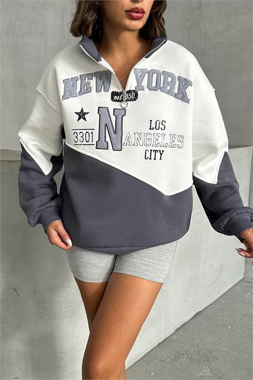 Dipmoda kadın antrasit fermuarlı New york sweat NBG050