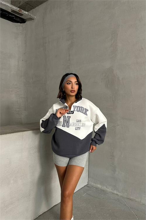 Dipmoda kadın antrasit fermuarlı New york sweat NBG050