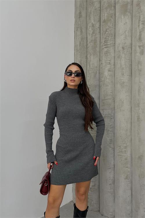 Dipmoda kadın antrasit fitilli mini triko elbise NBDM1208 