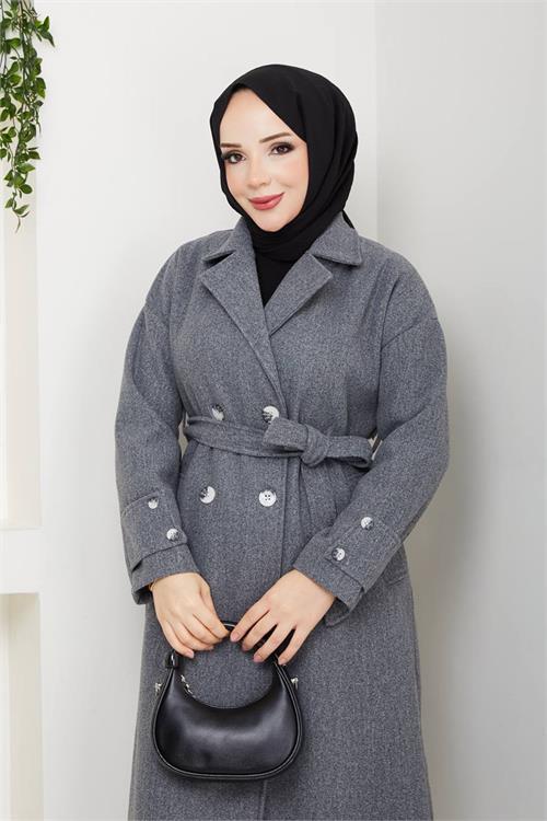Dipmoda kadın antrasit kuşaklı düğme detaylı astarsız kaşe kaban DPFT001