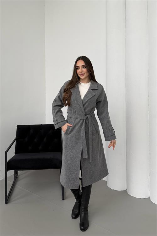 Dipmoda kadın antrasit kuşaklı reglan kol düğmeli premium kaşe kaban DPKBN01