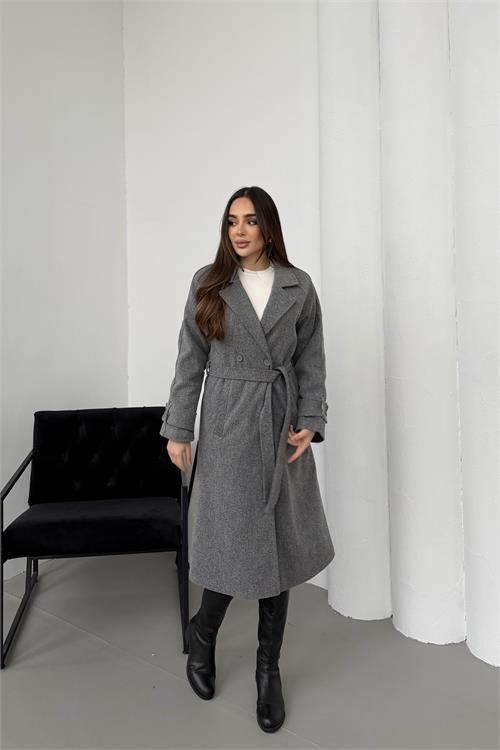 Dipmoda kadın antrasit kuşaklı reglan kol düğmeli premium kaşe kaban DPKBN01