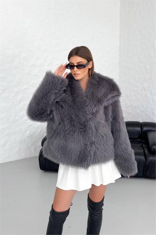 Dipmoda kadın antrasit oversize çıtçıtlı ithal kürk mont NBG037 