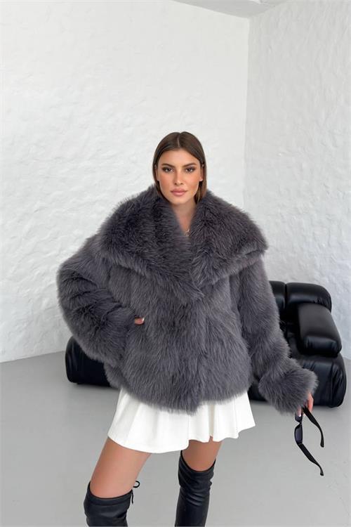 Dipmoda kadın antrasit oversize çıtçıtlı ithal kürk mont NBG037 