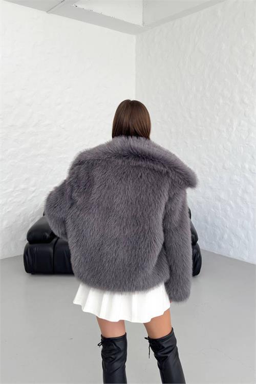 Dipmoda kadın antrasit oversize çıtçıtlı ithal kürk mont NBG037 