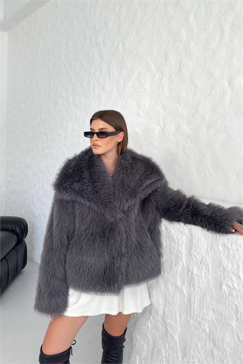 Dipmoda kadın antrasit oversize çıtçıtlı ithal kürk mont NBG037 