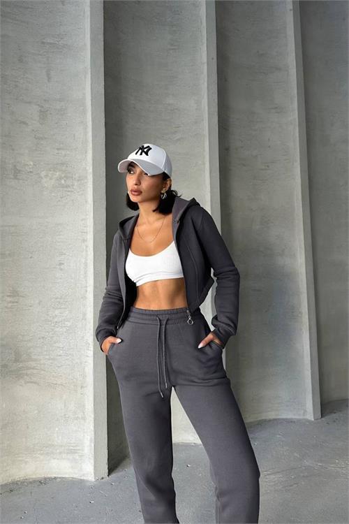Dipmoda kadın antrasit pamuklu Celine eşofman takımı NBG025 