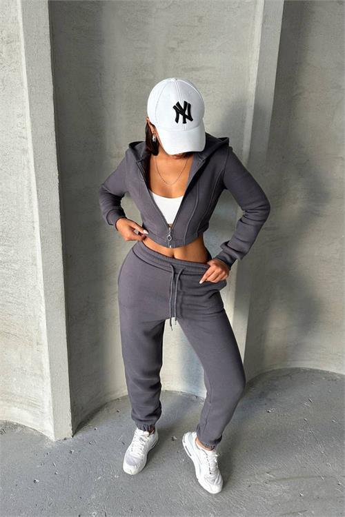 Dipmoda kadın antrasit pamuklu Celine eşofman takımı NBG025 
