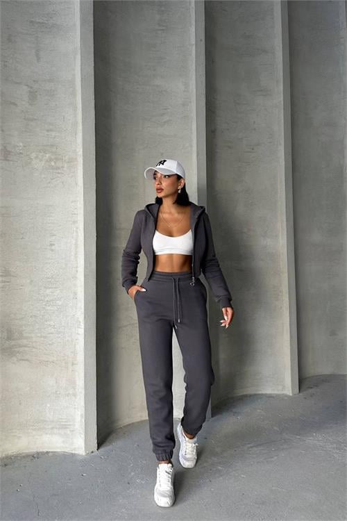 Dipmoda kadın antrasit pamuklu Celine eşofman takımı NBG025 
