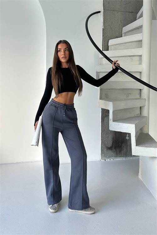 Dipmoda kadın antrasit yüksek bel 3 iplik eşofman altı DPG107