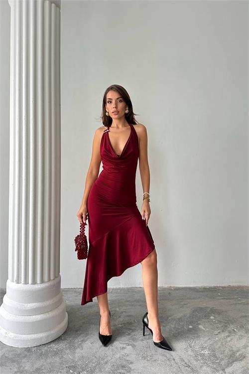 Dipmoda kadın asimetrik kesim omuz aksesuarlı elbise DPDF164