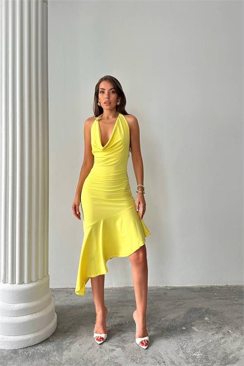 Dipmoda kadın asimetrik kesim omuz aksesuarlı elbise DPDF164