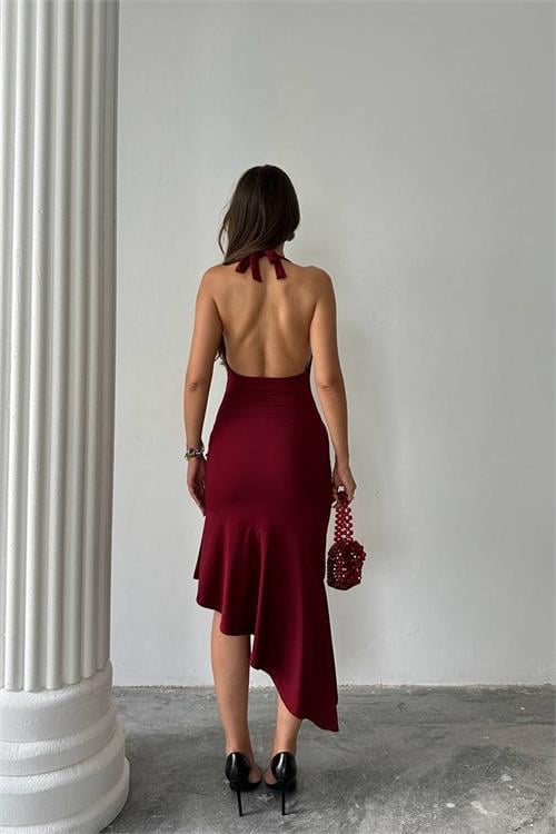 Dipmoda kadın asimetrik kesim omuz aksesuarlı elbise DPDF164