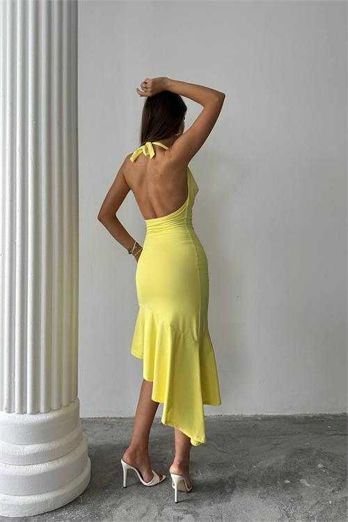 Dipmoda kadın asimetrik kesim omuz aksesuarlı elbise DPDF164