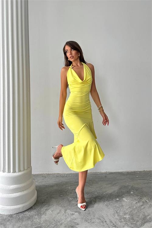 Dipmoda kadın asimetrik kesim omuz aksesuarlı elbise DPDF164