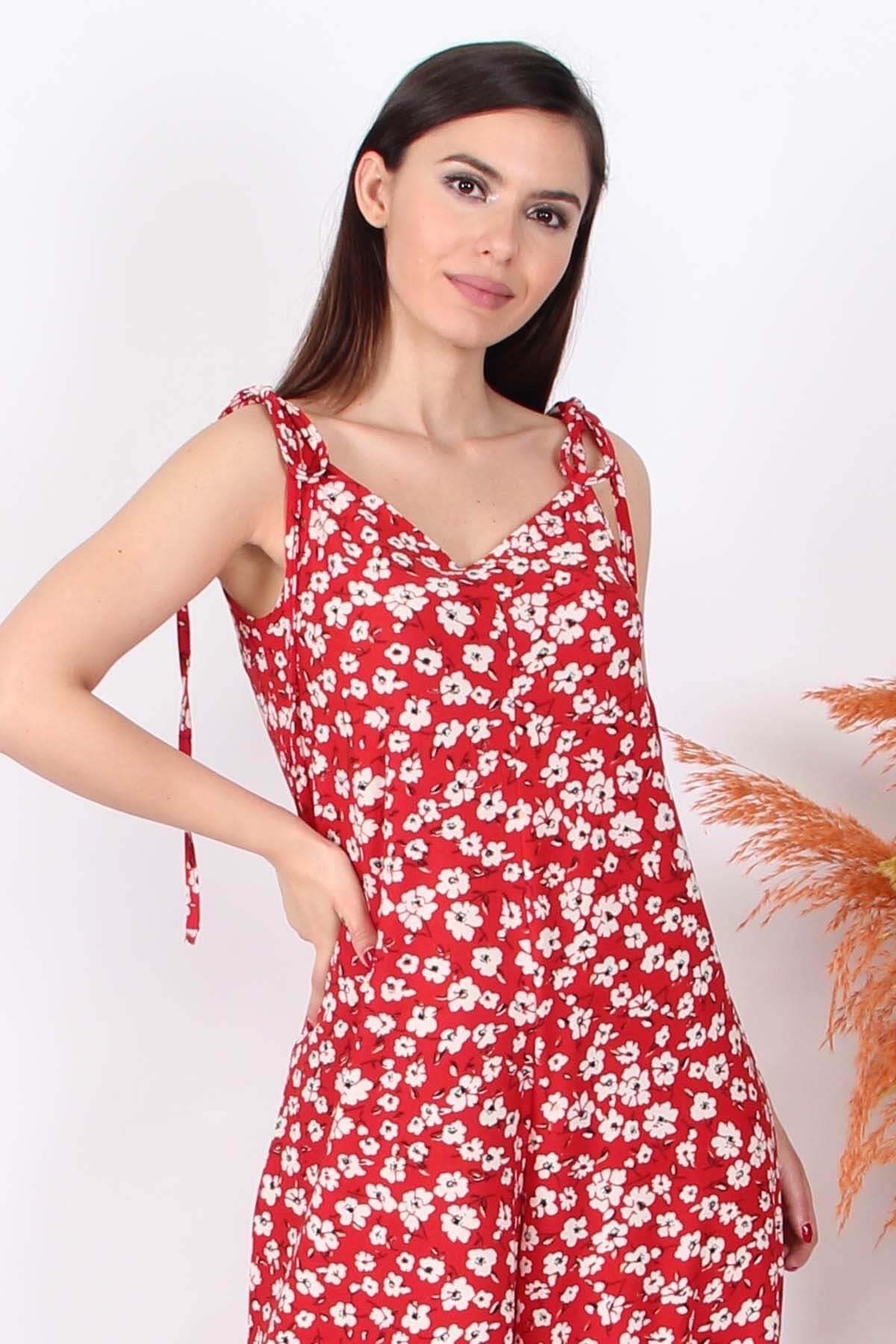 Dipmoda kadın asimetrik paça askılı çiçekli salaş tulum NB8074 