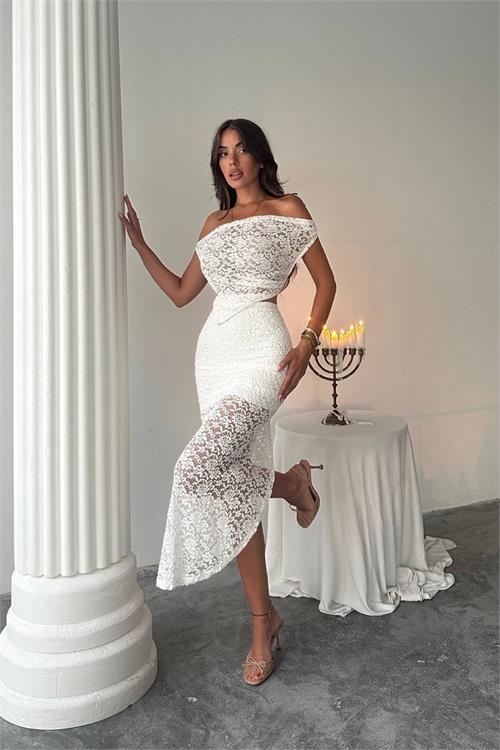 Dipmoda kadın asimetrik sırt detaylı bluz etek dantel takım DPDF163