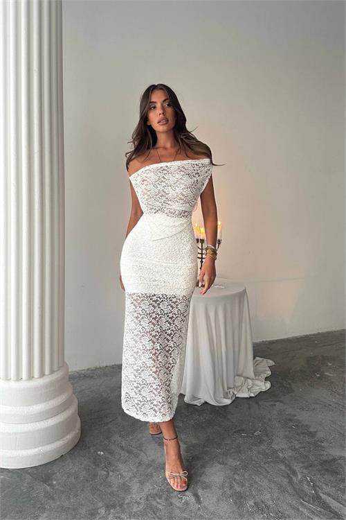 Dipmoda kadın asimetrik sırt detaylı bluz etek dantel takım DPDF163