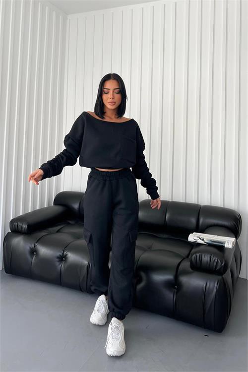 Dipmoda kadın asimetrik yaka kolları büzgülü eşofman takımı DPNDCB11634