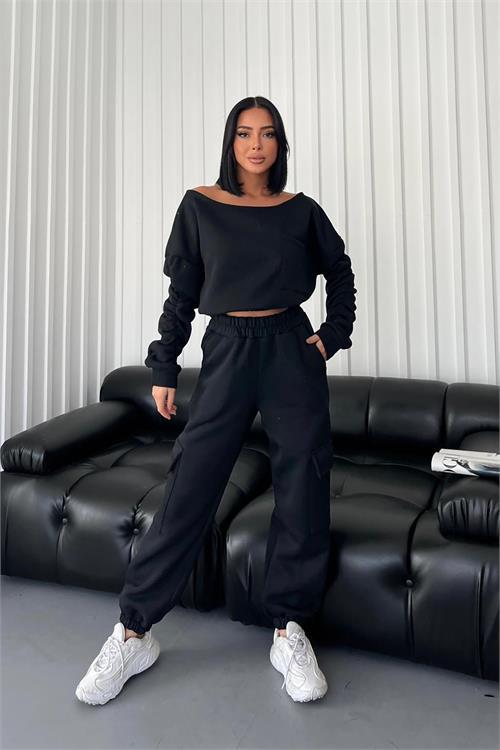 Dipmoda kadın asimetrik yaka kolları büzgülü eşofman takımı DPNDCB11634