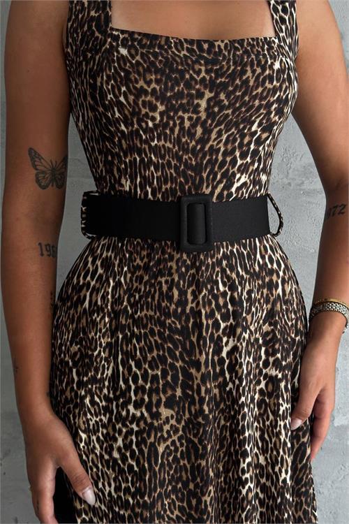 Dipmoda kadın askılı leopar desenli krep elbise NBK003 