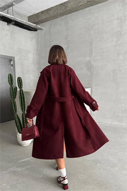 Dipmoda kadın astarlı bordo ithal kaşe kaban DPNBG048