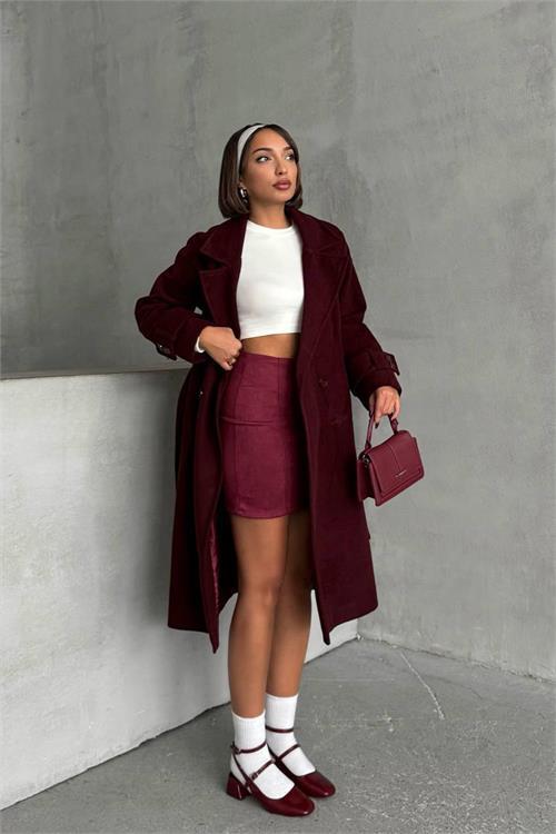 Dipmoda kadın astarlı bordo ithal kaşe kaban DPNBG048