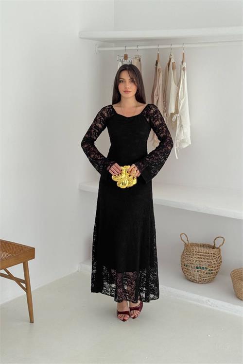 Dipmoda kadın astarlı dantel kumaş maxi elbise DPK4331