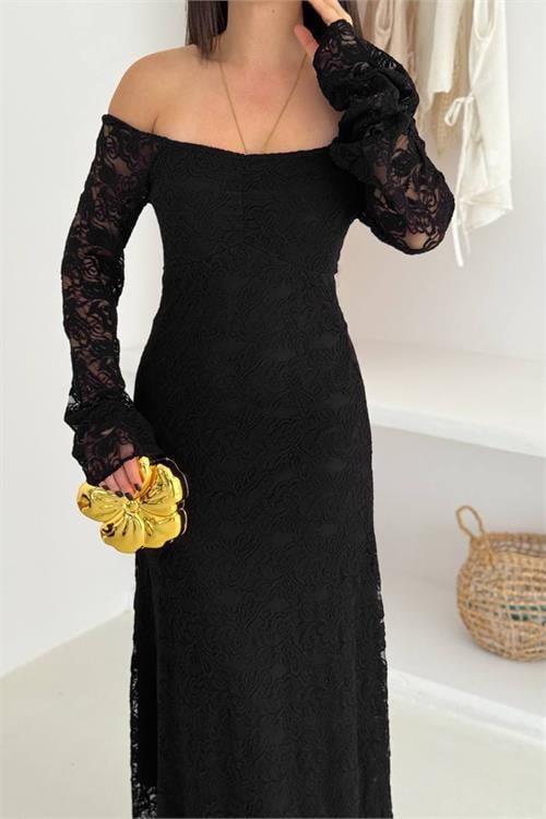 Dipmoda kadın astarlı dantel kumaş maxi elbise DPK4331