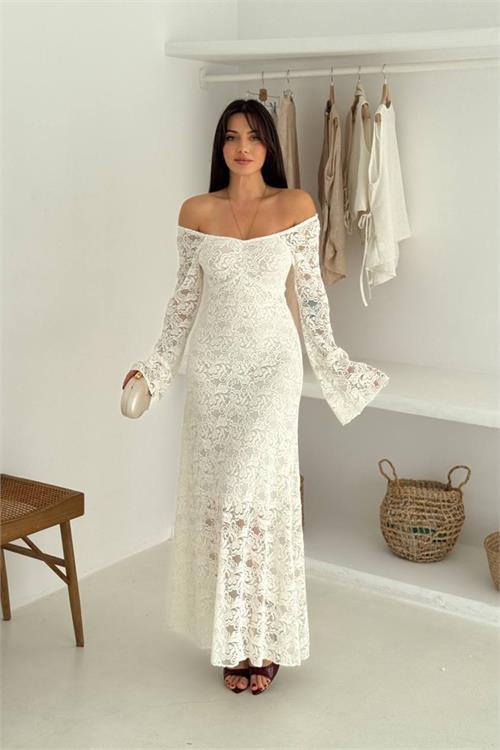 Dipmoda kadın astarlı dantel kumaş maxi elbise DPK4331