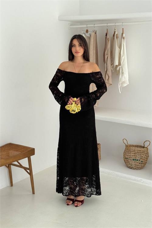 Dipmoda kadın astarlı dantel kumaş maxi elbise DPK4331