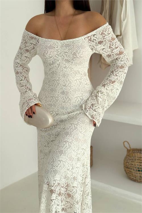 Dipmoda kadın astarlı dantel kumaş maxi elbise DPK4331