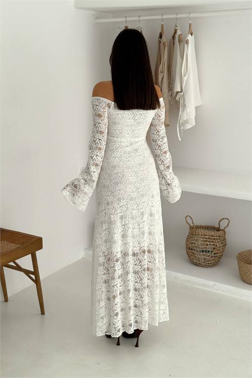 Dipmoda kadın astarlı dantel kumaş maxi elbise DPK4331