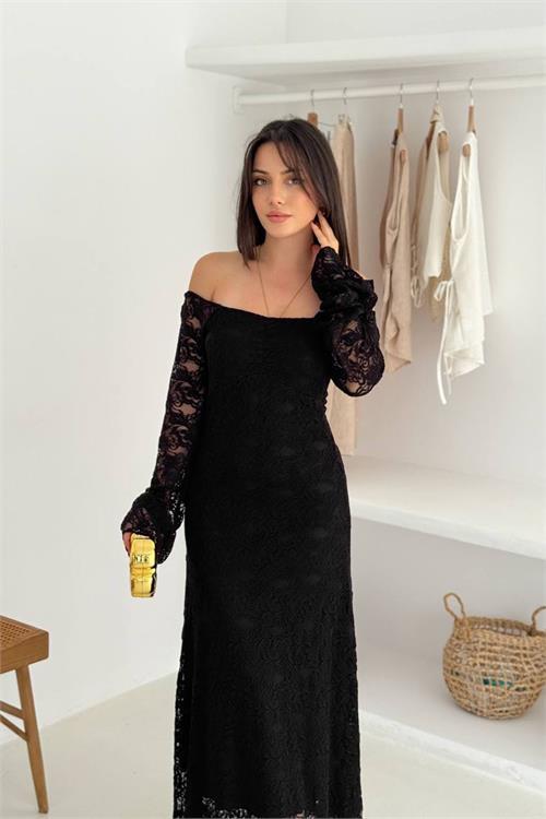 Dipmoda kadın astarlı dantel kumaş maxi elbise DPK4331