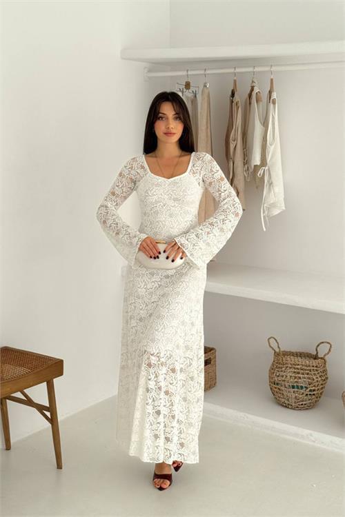 Dipmoda kadın astarlı dantel kumaş maxi elbise DPK4331