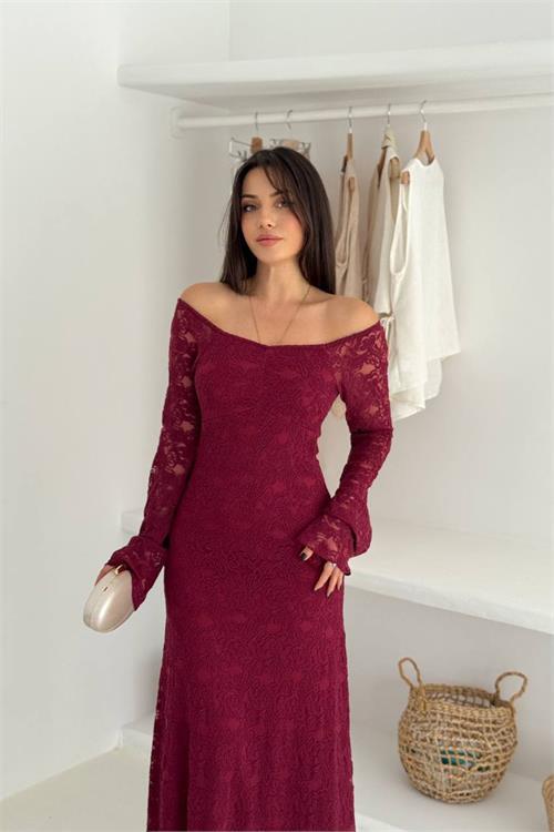 Dipmoda kadın astarlı dantel kumaş maxi elbise DPK4331