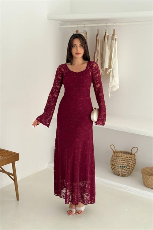 Dipmoda kadın astarlı dantel kumaş maxi elbise DPK4331