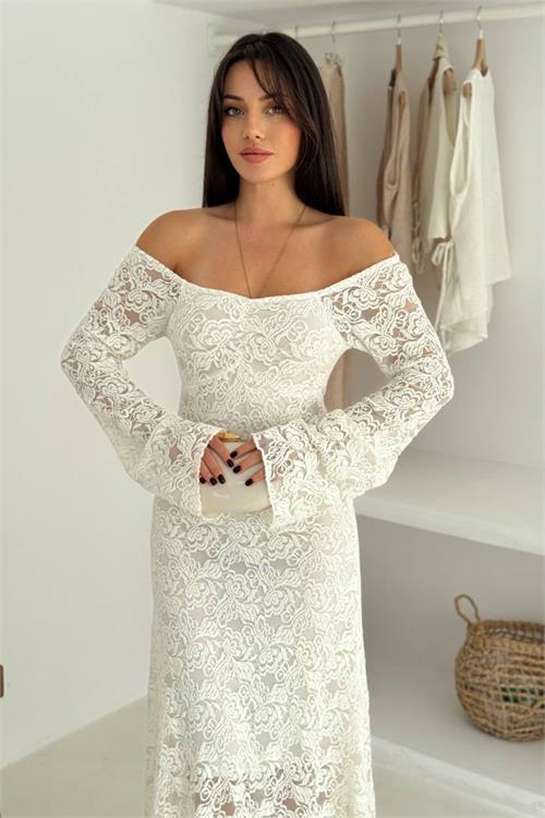 Dipmoda kadın astarlı dantel kumaş maxi elbise DPK4331