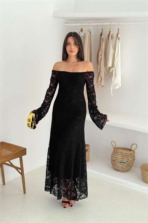 Dipmoda kadın astarlı dantel kumaş maxi elbise DPK4331