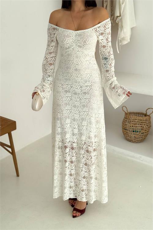Dipmoda kadın astarlı dantel kumaş maxi elbise DPK4331