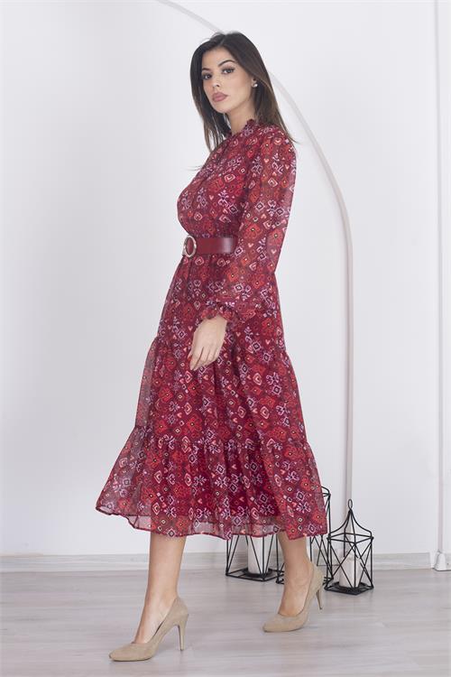 Dipmoda kadın astarlı etnik desenli şifon elbise RSNB002 - Bordo 