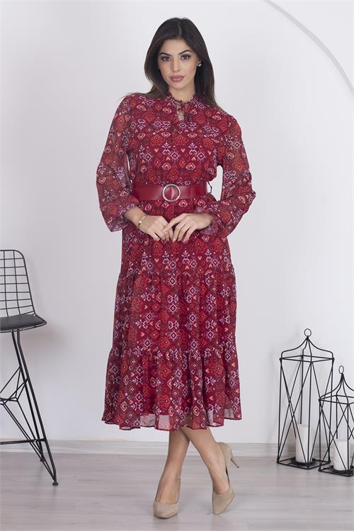 Dipmoda kadın astarlı etnik desenli şifon elbise RSNB002 - Bordo 