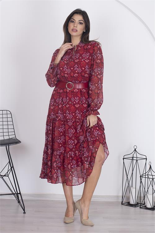 Dipmoda kadın astarlı etnik desenli şifon elbise RSNB002 - Bordo 