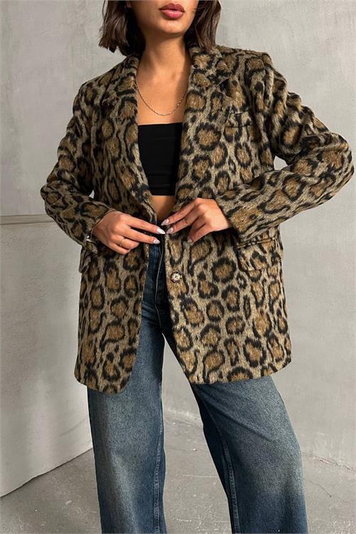 Dipmoda kadın astarlı oversize leopar kaşe ceket NBG052