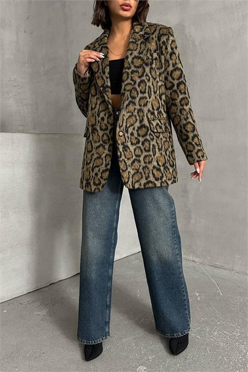 Dipmoda kadın astarlı oversize leopar kaşe ceket NBG052